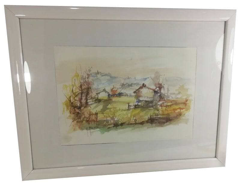 Pasquale Barberis, Landscape, Watercolor, 1970s: Watercolor on paper by Piedmontese painter Pasquale Barberis depicting an ideal mountain landscape.Signed lower left. Country of Manufacture: Italy Design Period: 1970 to 1979 Production Period: 1970