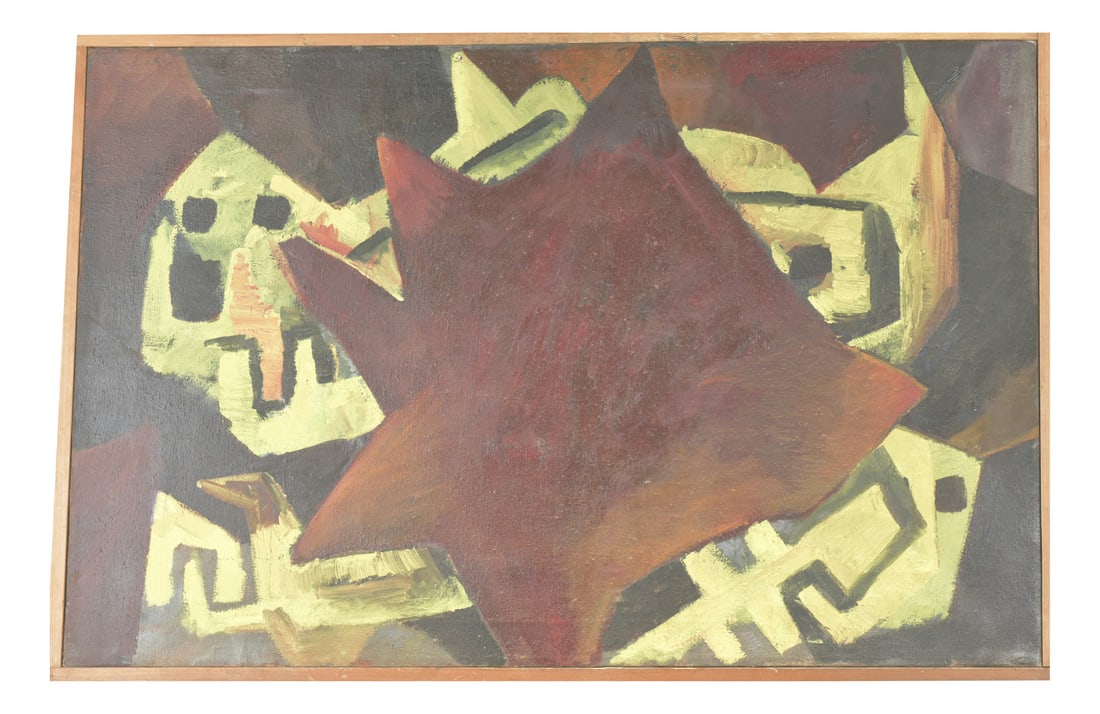 Wolf, Abstract Composition, 1956, Oil on Canvas, Framed: Oil painting ABSTRACT COMPOSITION; signed in pencil on the back WOLF '56, oil on burlap. The burlap comes from an American wheat sack that was flown to Berlin during the Berlin Airlift until 1949 to