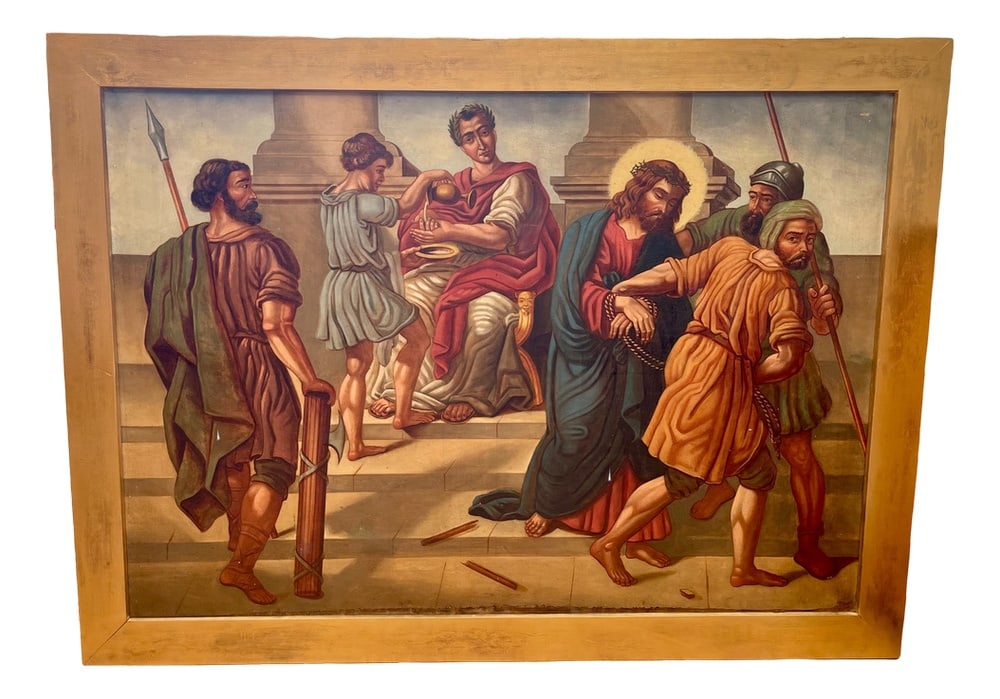 The Judgement of Jesus, 19th Century, Oil Painting: French School Artist.This magnificent 19th-century painting depicts the first act of Christianity's Stations of the Cross: the Judgment of Jesus Christ by Pontius Pilate. It is an exceptional work of