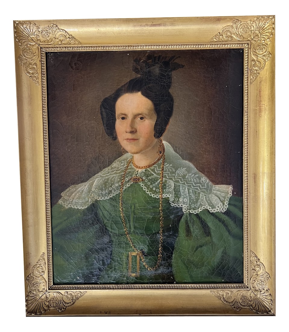 Captain's Wife Portrait, 1800s, Oil on Canvas: Elegant 19th-Century Portrait of Captain Herlin's Wife in Regal AttireThis stunning 19th-century portrait presents the wife of Captain Herlin, a woman of refined taste and high social standing.