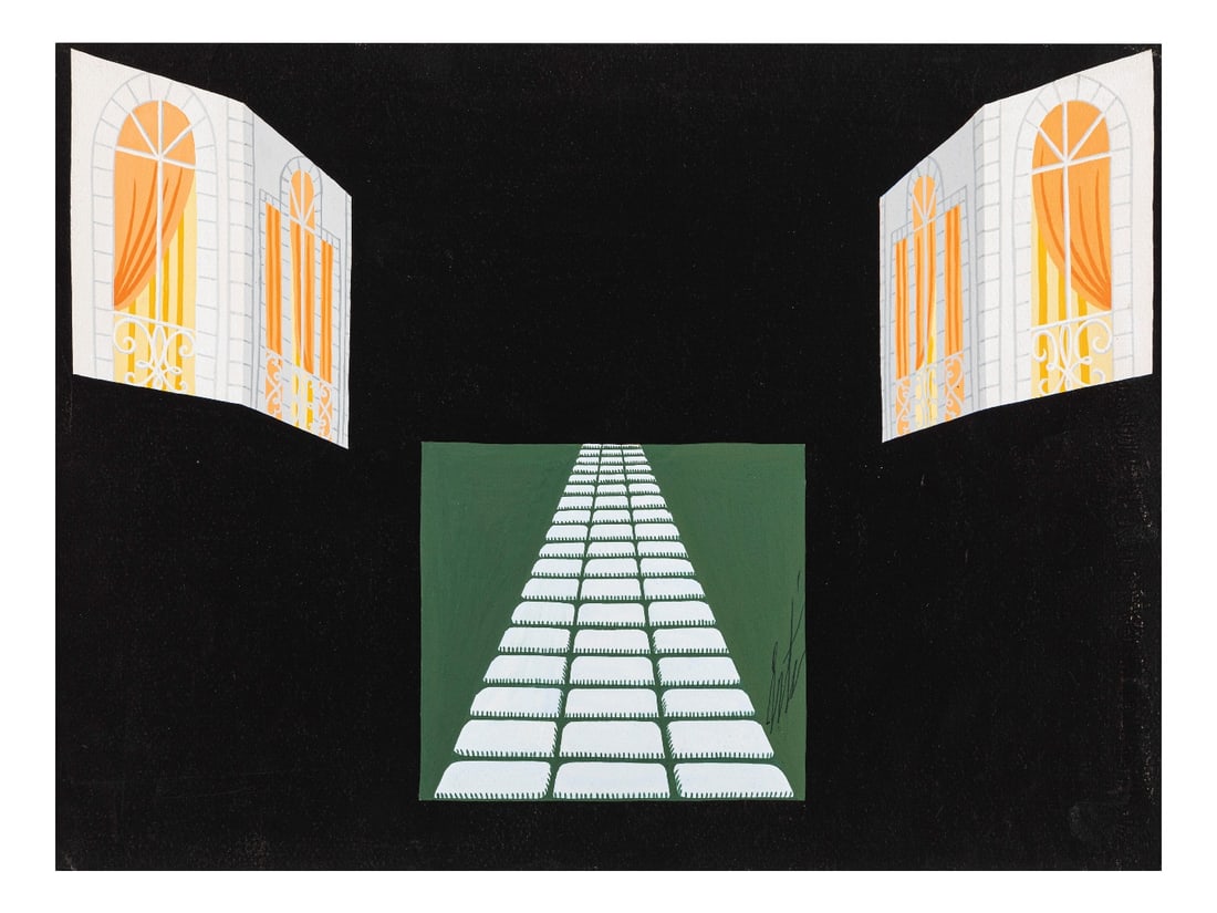 Erté, Theatrical Scenography, 1930s, Tempera, Cardboard: Erté (Romain de Tirtoff) - Theatre scenography, 1930sTempera on cardboard.Dimensions: height 27 cm, width 36 cmOriginal drawing made by Erté in the 1930s for the scenography of a play.with