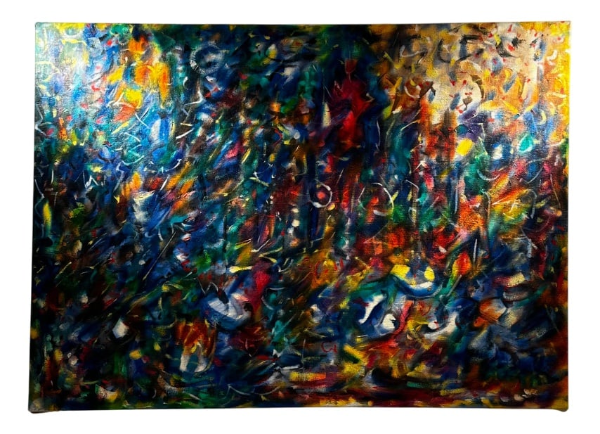 Jon Atac, Expression 1, 1989, Large Oil on Canvas: This large abstract expressionist painting by Jon Atac, created in 1989, is a bold and dynamic composition of blue, green, yellow, and red, reflecting the artist’s signature energy and
