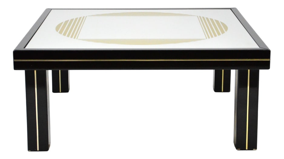 Vintage Coffee Table by Gianni Celada for Fontana Arte: Black lacquered wood coffee table with brass trim and gold silk-screened mirror top, designed in the 1970s by Gianni Celada for Fontana Arte. Truly hard to find. Country of Manufacture: Italy Design