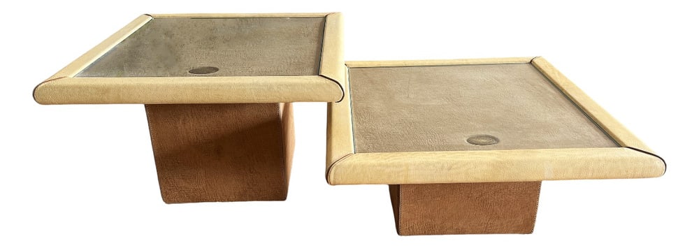 Set of Side Tables by Carlo Bartoli, 1980s: Stunning pair of side tables designed by Carlo Bartoli for Rossi di Albizzate in the 1980's.Fine leather, suede and a thick crystal top, from the Redwall Linea Safari series. Country of Manufacture: