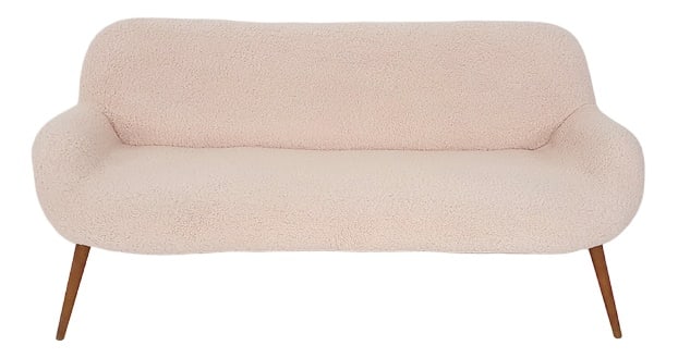 Scandinanvian Modern Sofa in Boucle, 1960s: Scandinavian modern sofa, re-upholstered in beige boucle fabric and teak legs. In the style of Nanna Ditzel Country of Manufacture: Denmark Design Period: 1960 to 1969 Production Period: 1960 to 1969