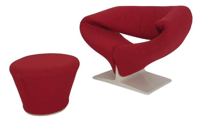 Ribbon Lounge Chair, the Netherlands 1966: Mid-century lounge chair attributed to Pierre Paulin for Artifort, model Ribbon. Re-upholstered in red fabric. with white wooden foot, in good condition with minor traces of use. with matching
