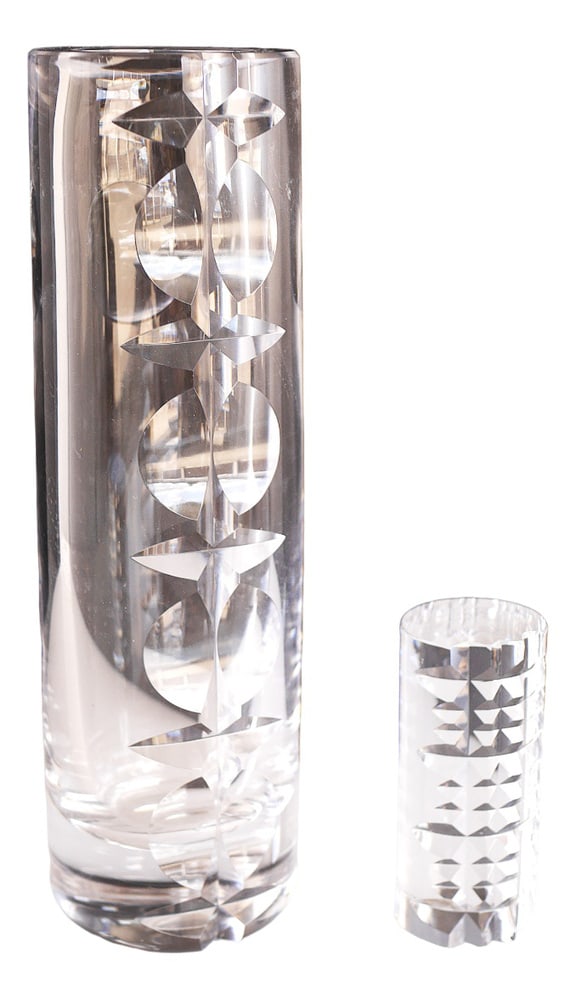 Vase by Mona Morales Schildt for Kosta, 1960s, Set of 2: A gorgeous cut and rather large crystal decorative art glass vase and art miniature sculpture or paper weight made and signed by Mona Morales Schildt from the 1960s. She is regarded as one of