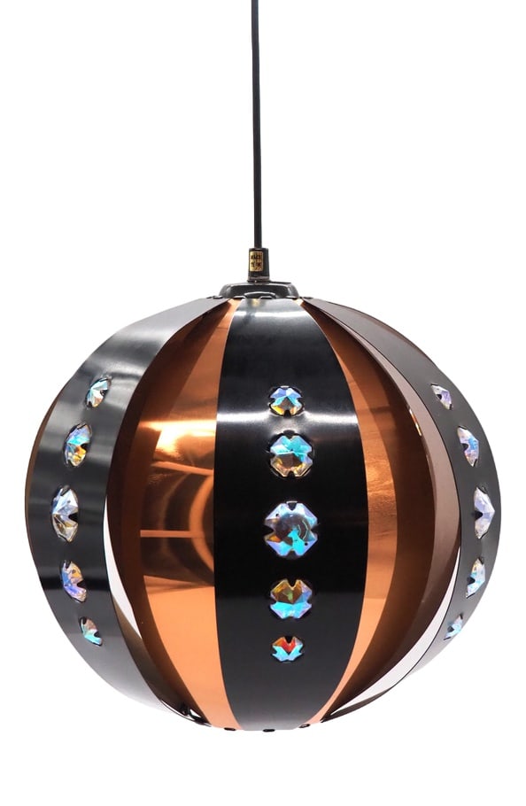 Pendant Lamp by Werner Schou for Coronell Electro: The lamp has a delightful colour combination of black and copper with clear plastic diamond shape inserts, allowing a beauteful warm light to shine through.It gives the room that little extra with