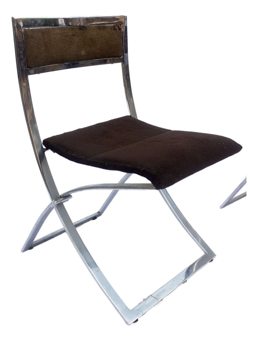 Luisa Chairs by Cuneo for Mobel Italia, Set of 2: A dynamic duo from Italian design legend Marcello Cuneo: These 1970s Luisa model folding chairs feature innovative chrome X-frames for effortless storage and plush brown velvet sling seats/backrests