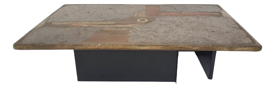 Dutch Stone Coffee Table by Paul Kingma, 1981: Stone coffee table on two L-shaped metal plates. Designed and signed by artist Paul Kingma. Paul Kingma Paul Kingma, born in 1931, was a Dutch Sculptor and mosaic artist. In his early years he
