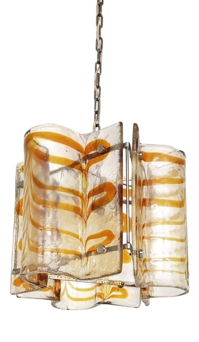Italian Murano Glass Pendant Light, 1970s: Murano Glass Chandelier Italy 1970’s Beautiful and heavy metal chandelier with amber colored Murano glass elements by Diameter: 37 cm Height: 30 cm Country of Manufacture: Italy Design Period: 1
