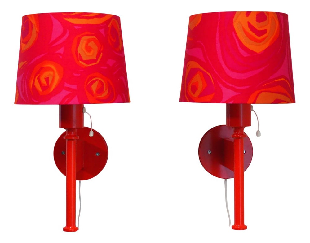 Wall Lamps by Kristiansson for Luxus, 1970s, Set of 2: These are a pair of wonderful wall lamps in a lovely bright red color with the original shades included. It lights up with a very pleasant warm glow due to the white plastic cover inside the
