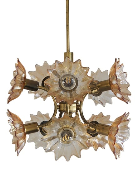 Brass & Glass Ceiling Lamp from Sische Leuchten: This chandelier is from the German company Sische Lighting.A decorative lamp with a beautiful design - simply unique.This lamp consists of a polished and lacquered brass construction. On the arms a to