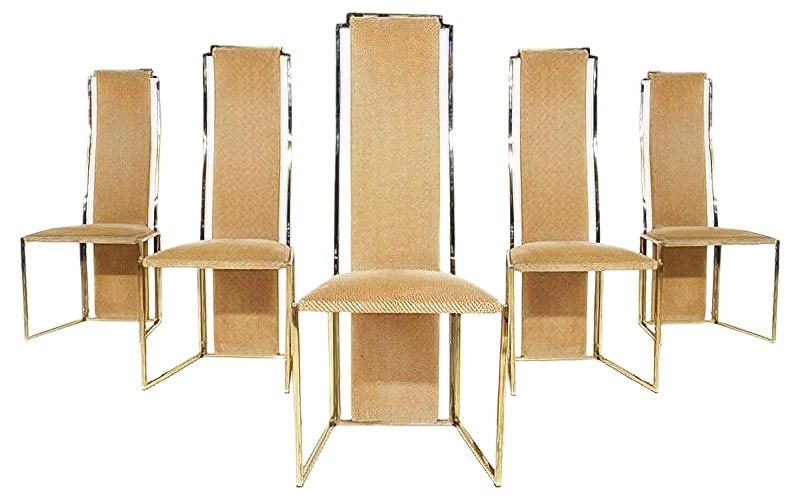 Dining Chairs by Alain Delon, France, 1980s, Set of 5: High-end gold plated metal high back dining chairs by Alain Delon. Made and designed in France in the 1980s. A set of six dining chairs made of gold plated metal and fabric. The chairs have fantastic