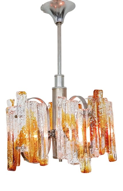 Italian Murano Glass Ceiling Lamp, 1970s: Heavy Murano Chandelier, Italy 1970’s Beautiful metal chandelier with heavy amber colored Murano glass elements. Total height: 75 cm, only the glass: 40 cm high. Country of Manufacture: Italy