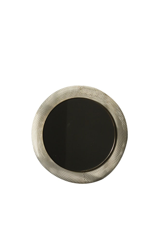 Brass Metal Mirror from V M Werkstätten, 1950s: Mid-Century White & Brass Metal Mirror from Vereinigte Münchner Werkstätten, 1950sRound decorative mirror with openwork frame, on the middle edge finished with brass element. Presented