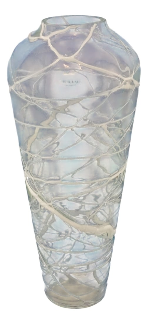 Murano Glass Vase in White Glass Paste Lattice, 1940s: Large transparent blown glass vase from Murano, with white reticulated glass paste applications, creating a decorative web of irregular ridges on the vase. Art Nouveau style, although it is a large