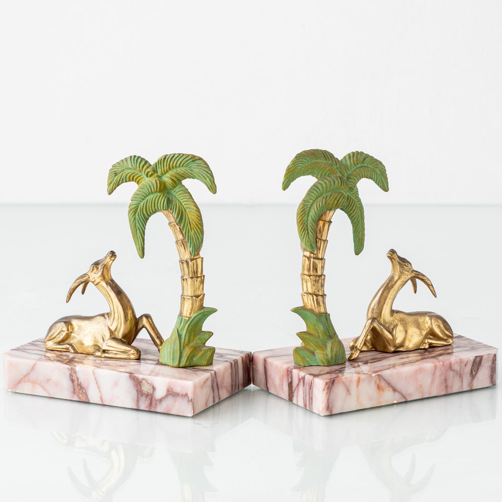 Art Deco Marble Gazelle & Palm Bookends, Set of 2 - 3
