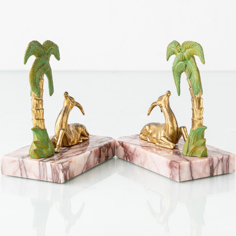Art Deco Marble Gazelle & Palm Bookends, Set of 2 - 6
