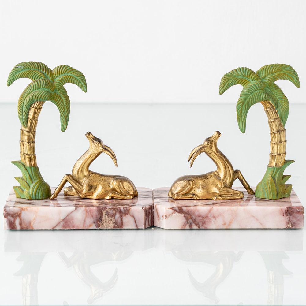 Art Deco Marble Gazelle & Palm Bookends, Set of 2 - 8