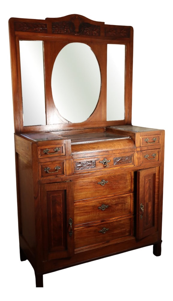 Mahogany & Marble Chest of Drawers with Mirror, 1900s: This pure Art Nouveau chest of drawers was crafted from solid wood in the early 1900s. It features a two-tiered base with drawers and side drawer covers. The three staggered top shelves are finished