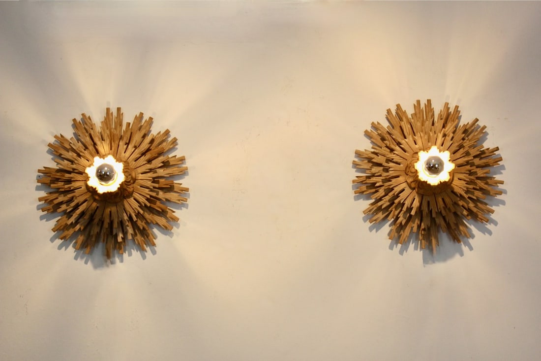 Natrual Large Sunburst Wooden Sconces, 1960s, Set of 2 - 10
