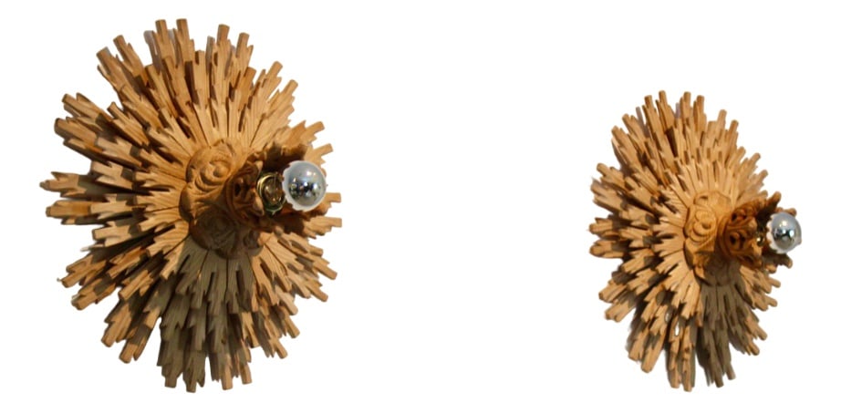 Natrual Large Sunburst Wooden Sconces, 1960s, Set of 2: Sophisticated pair of large carved Sunburst wooden Sconces in natural wood, carved from European Beech, made in Italy in the ‘60s. The natural look and feel is stunning and this set comes in a