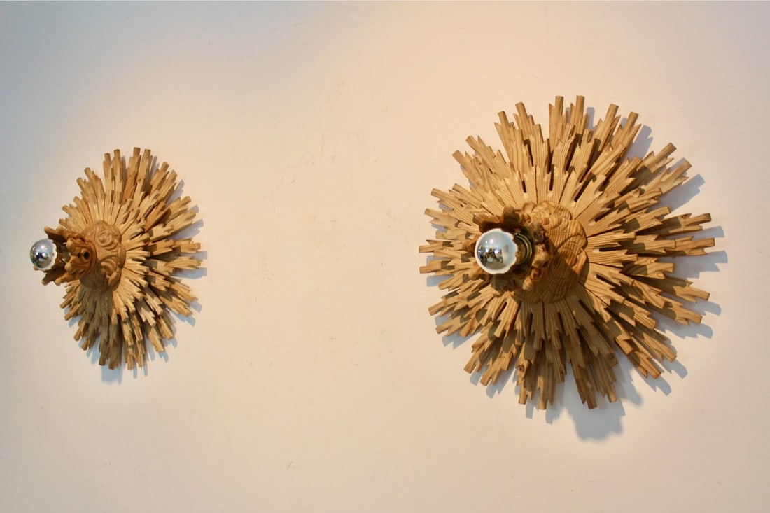 Natrual Large Sunburst Wooden Sconces, 1960s, Set of 2 - 3