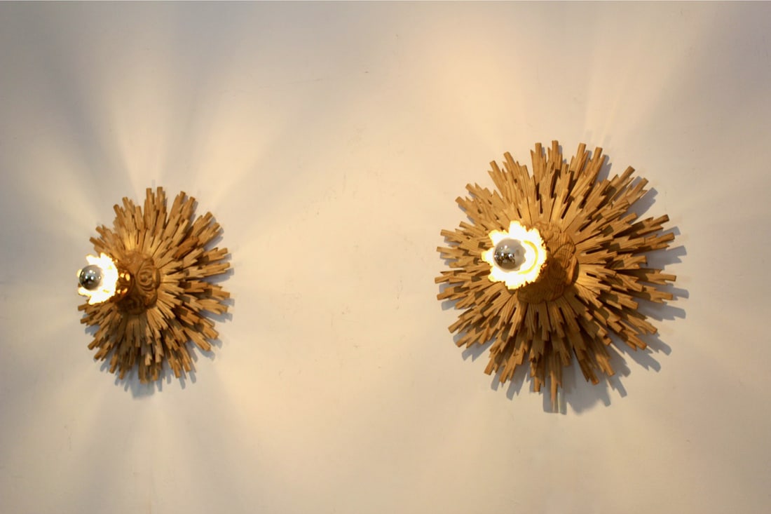 Natrual Large Sunburst Wooden Sconces, 1960s, Set of 2 - 4