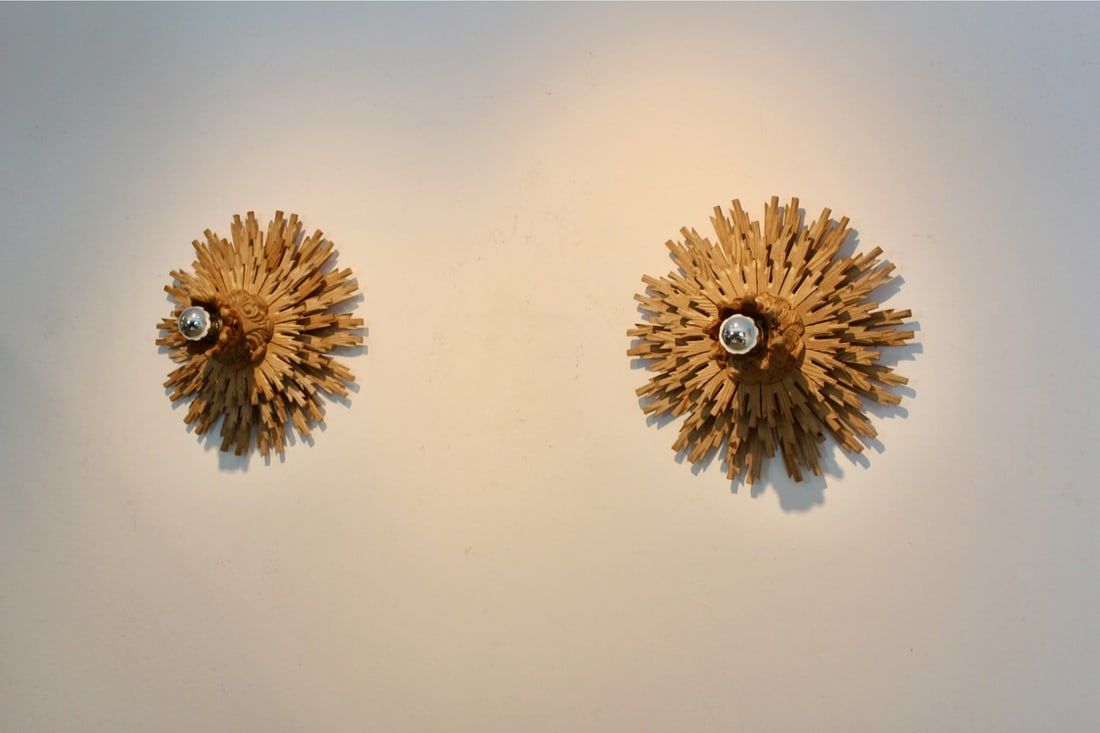 Natrual Large Sunburst Wooden Sconces, 1960s, Set of 2 - 5