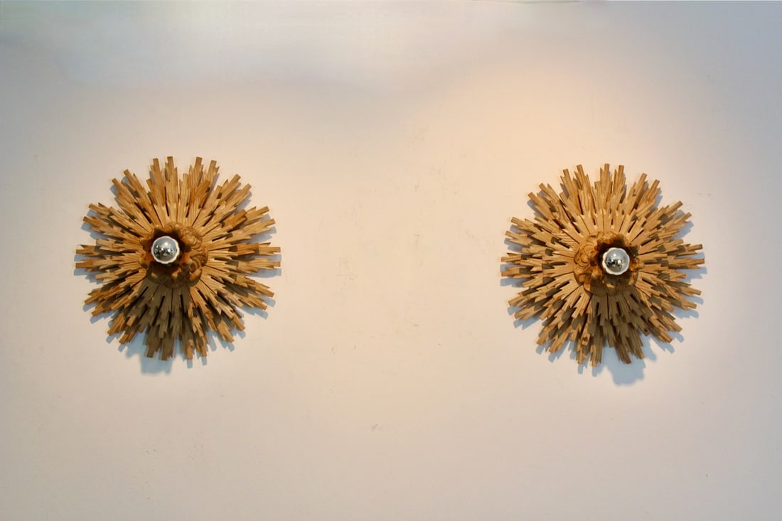 Natrual Large Sunburst Wooden Sconces, 1960s, Set of 2 - 7