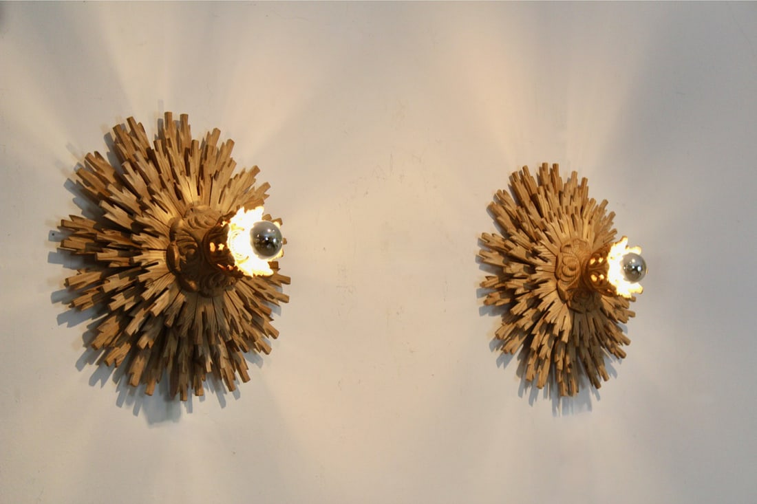 Natrual Large Sunburst Wooden Sconces, 1960s, Set of 2 - 8