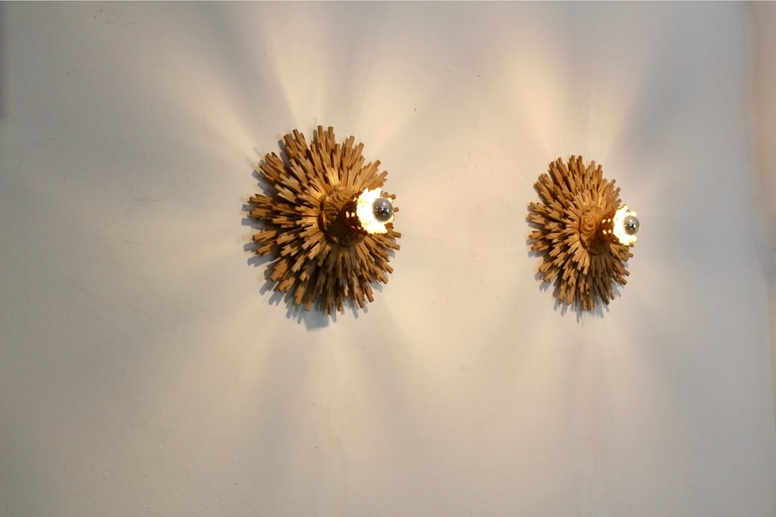 Natrual Large Sunburst Wooden Sconces, 1960s, Set of 2 - 9