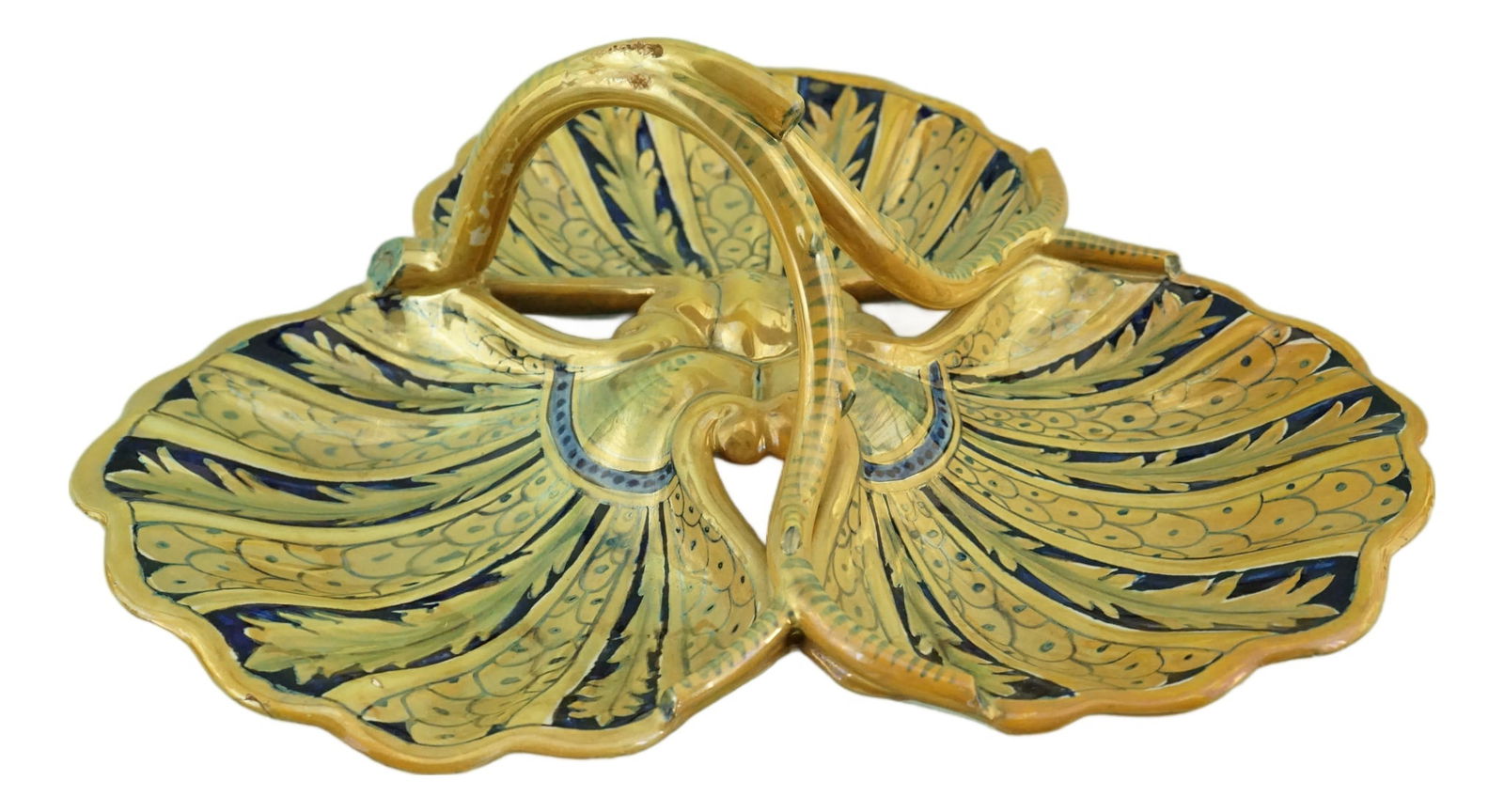 Centerpiece fro Della Robbia and Tadino, 1930s: An Italian delightful centerpiece in glazed and vitrified ceramic, entirely hand-crafted on a lathe, then hand-decorated and finally finished with metallic lustre. The centerpiece consists of three