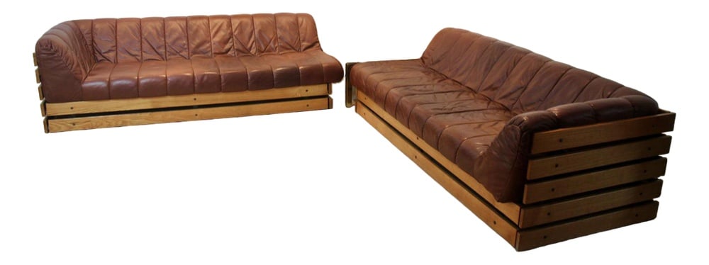 Lounge Sofa Set in Wood & Leather, 1970s, Set of 2: Exceptional Cognac Leather sofa set made in the 1970’s in the Netherlands. Wear consistant with age and use and in general the patin is very beautiful and the Sofa is in very good health. This L