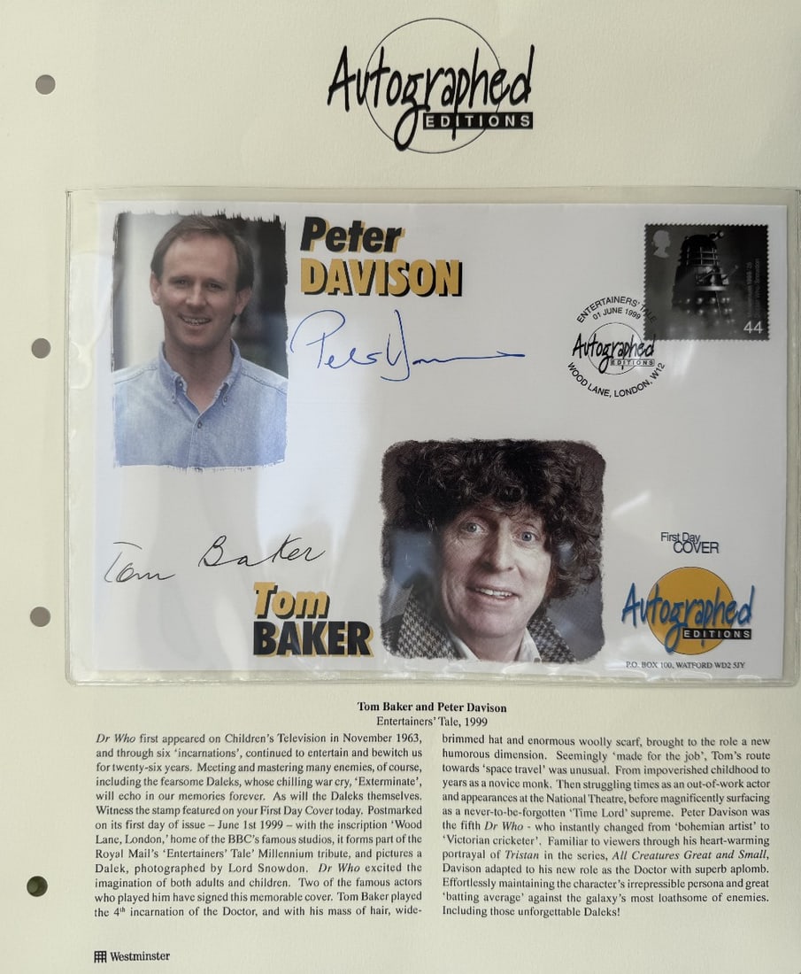 Peter Davison and Tom Baker Hand Signed 'Entertainers Tale' Autographed Editions First Day Cover FDC: Peter Davison and Tom Baker Hand Signed 'Entertainers Tale' Autographed Editions First Day Cover FDC Postmarked 1st June 1999