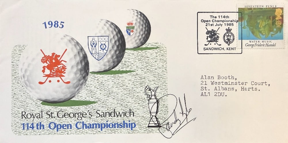 Sandy Lyle (Winner) Hand Signed 114th Open Golf FDC First Day Cover Sandwich, Kent, Postmarked: Sandy Lyle (Winner) Hand Signed 114th Open Golf FDC First Day Cover Sandwich, Kent, Postmarked 21st July 1985
