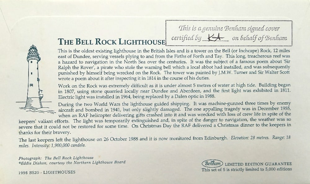 Sir Chay Blyth Hand Signed 'Lighthouses' Benham First Day Cover FDC Postmarked 24th March 1998 - 2