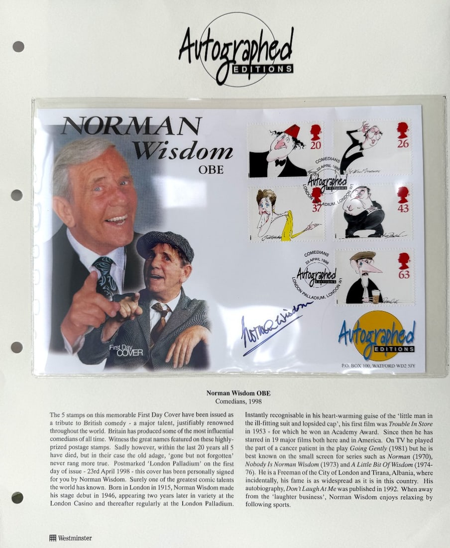 Norman Wisdom Hand Signed 'Comedians' Autographed Editions First Day Cover FDC Postmarked 23rd April: Norman Wisdom Hand Signed 'Comedians' Autographed Editions First Day Cover FDC Postmarked 23rd April 1998