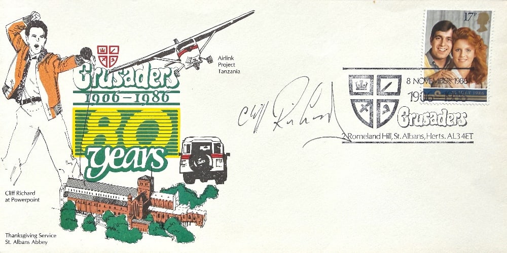 Cliff Richard Hand Signed 'Crusaders 80th Anniversary' First Day Cover FDC Postmarked 8th November: Cliff Richard Hand Signed 'Crusaders 80th Anniversary' First Day Cover FDC Postmarked 8th November 1986