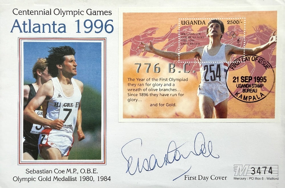 Sebastian Coe Hand Signed 'Atlanta 1996' First Day Cover FDC Postmarked 21st September 1995: Sebastian Coe Hand Signed 'Atlanta 1996' First Day Cover FDC Postmarked 21st September 1995 Limited Edition