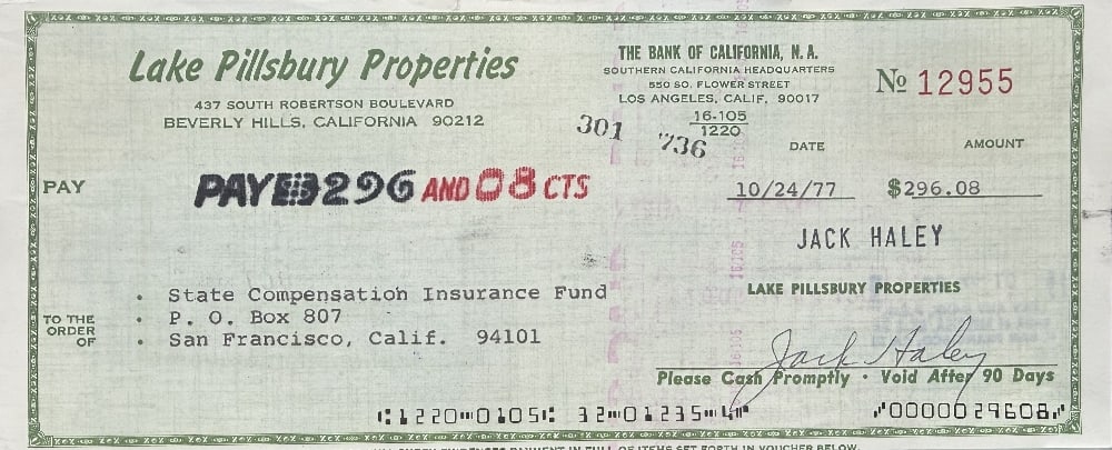 Jack Haley (Gone With The Wind 'Tin Man') Hand Signed Cheque Dated 24th October 1977: Jack Haley (Gone With The Wind 'Tin Man') Hand Signed Cheque Dated 24th October 1977