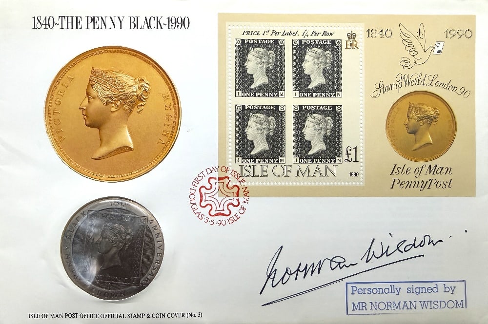 Sir Norman Wisdom Hand Signed 'Penny Black 1840-90' First Day And Coin Cover FDC. Limited Edition: Sir Norman Wisdom Hand Signed 'Penny Black 1840-90' First Day And Coin Cover FDC. Limited Edition 4/20 Postmarked 3rd May 1990