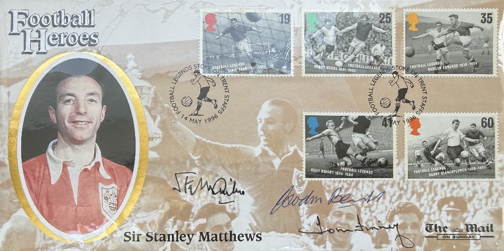 Tom Finney, Stanley Matthews, Gordon Banks, Hand Signed 'Football Heros' Benham First Day Cover: Tom Finney, Stanley Matthews, Gordon Banks, Hand Signed 'Football Heros' Benham First Day Cover FDC Postmarked 14th May 1996 Certificate of Authenticity available on request