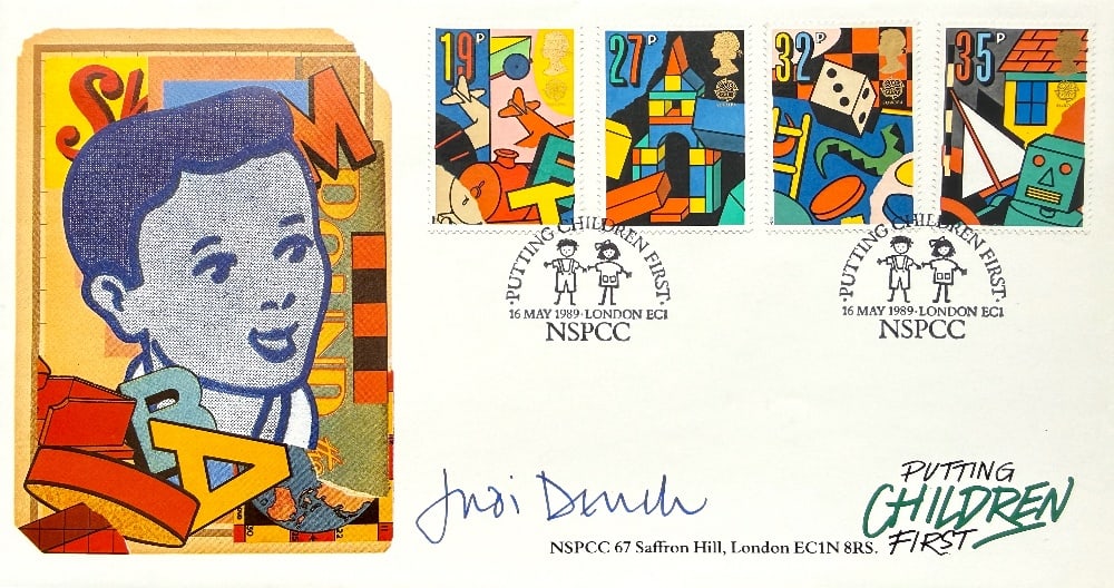 Judi Dench Hand Signed 'NSPCC Putting Children First' First Day Cover FDC Postmarked 16th May 1989: Judi Dench Hand Signed 'NSPCC Putting Children First' First Day Cover FDC Postmarked 16th May 1989