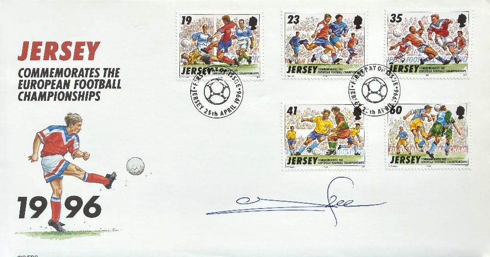 Stuart Pearce Hand Signed 'Jersey Commemorates The European Championships' FDC First Day Cover,: Stuart Pearce Hand Signed 'Jersey Commemorates The European Championships' FDC First Day Cover, Postmarked 25th April 1996