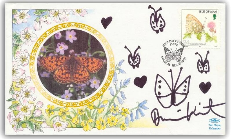 Damien Hirst, Hand Signed With Drawing, 'Butterflies' Isle Of Man Autographed Editions First Day: Damien Hirst, Hand Signed With Drawing, 'Butterflies' Isle Of Man Autographed Editions First Day Cover FDC Postmarked 15th September 1993