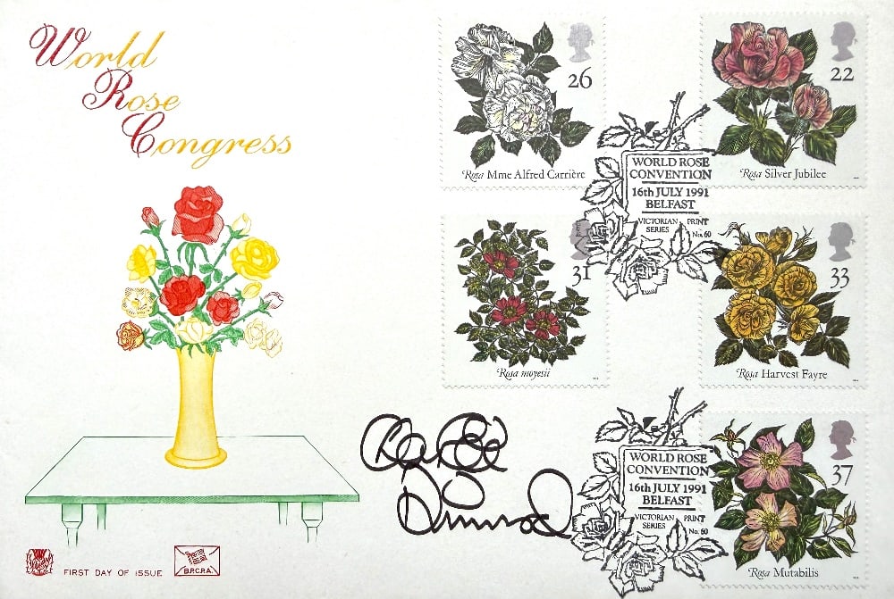 Charlie Dimmock Hand Signed 'World Rose Congress' FDC First Day Cover Postmarked 16th July 1991: Charlie Dimmock Hand Signed 'World Rose Congress' FDC First Day Cover Postmarked 16th July 1991