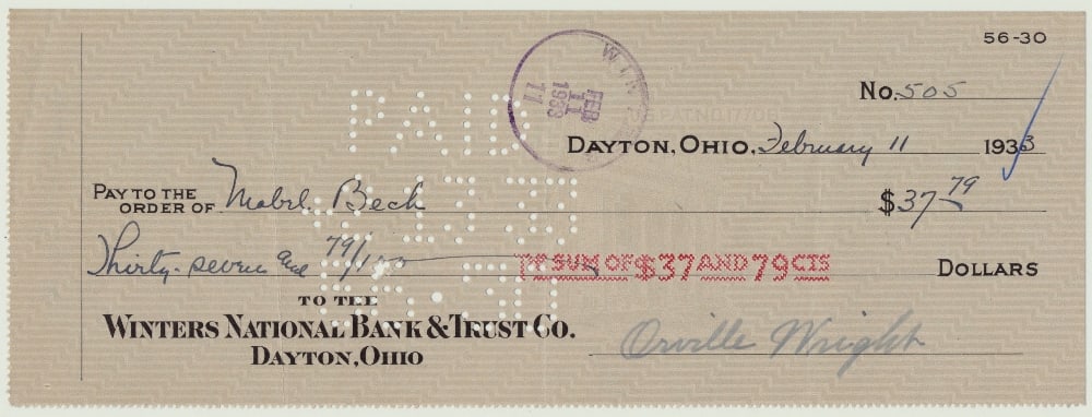Orville Wright 'The Wright Brothers' Aviator Hand Signed Cheque Presentation Dated February 11th (1 of 2)