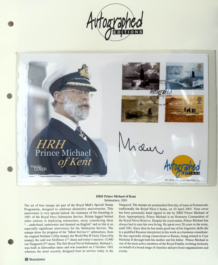 HRH Prince Michael Of Kent Hand Signed 'Submarines 2001' Autographed Editions First Day Cover FDC: HRH Prince Michael Of Kent Hand Signed 'Submarines 2001' Autographed Editions First Day Cover FDC Postmarked 10th April 2001